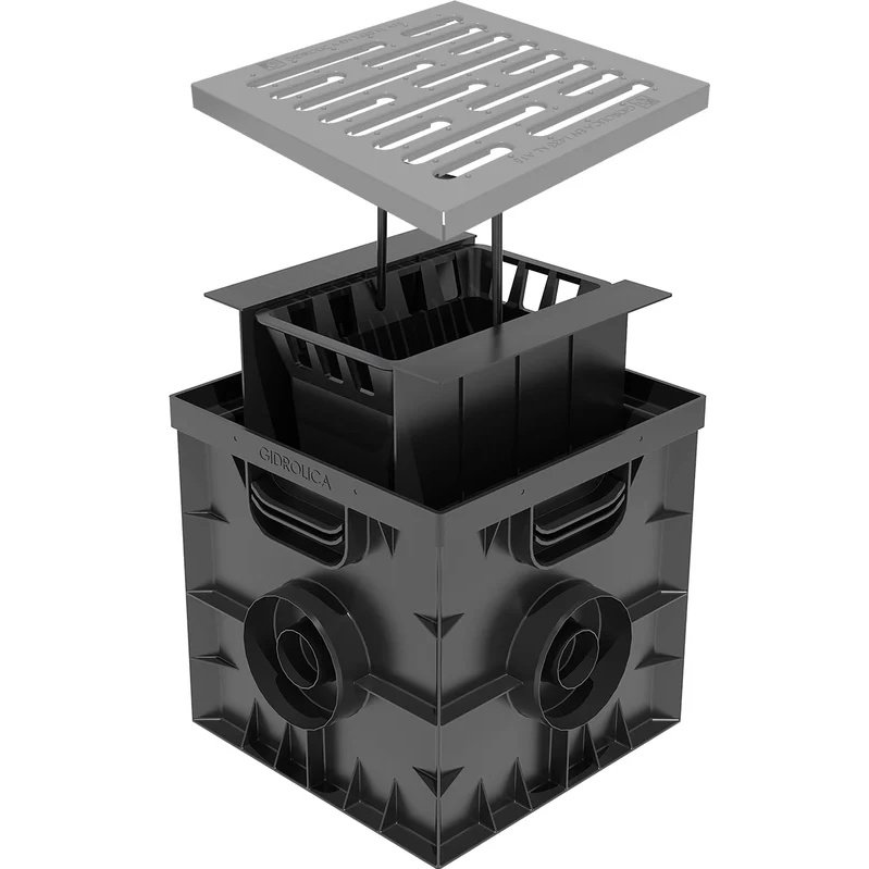 Անձրևաջրերի ընդունիչ Gidrolica Point ДП-30.30 - պլաստիկ ցինկապատ պողպատե ցանցով / Дождеприемник Gidrolica 300х300 мм, со стальной оцинкованной решеткой под трубу Ø 110 мм