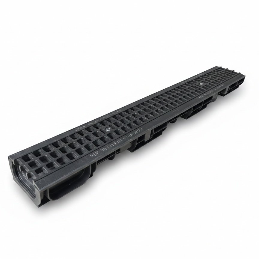 Ջրահեռացման առվակ Gidrolica Standart DN100 H60 պլաստիկ, ցանց,  ծակոտիավոր, պլաստիկ, ամրակ - 2 հատ  / Пластиковый лоток DN100 H60 с решеткой пластиковой