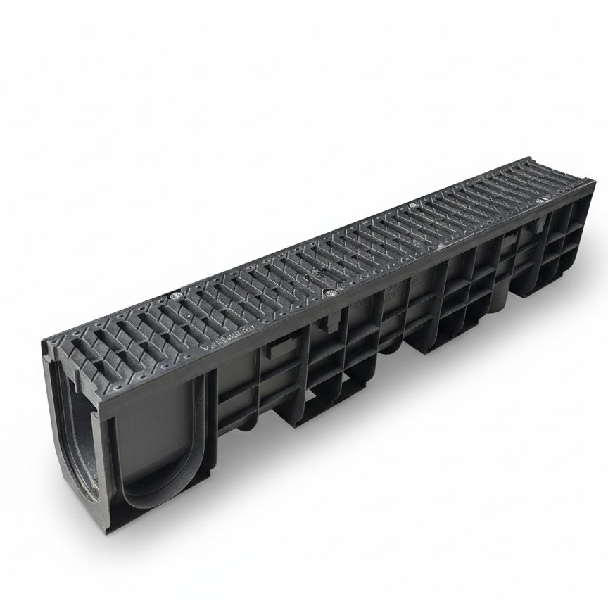 Ջրահեռացման առվակ Gidrolica Pro DN100 H202 – պլաստիկ, ջրհավաք ցանց ճեղքավոր պլաստիկ, С250 դասի / Комплект Gidrolica Pro: Лоток водоотводный Gidrolica Pro DN100 H202 - пластиковый с решеткой водоприемной щелевая пластиковая, кл. С250